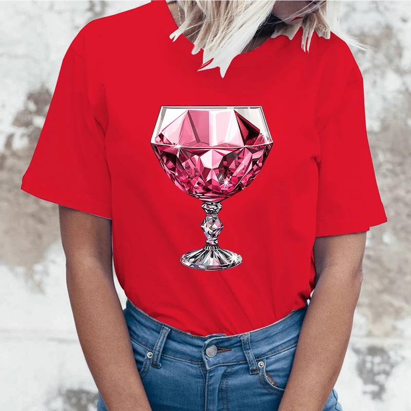 Fashion Pink Wine Glass Printed T-Shirts Women Summer Casual Short Sleeved T-Shirts Round Neck Tops