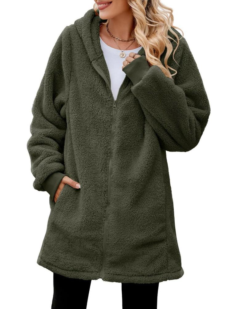 Winter loose plush women's long sleeved hooded zipper cardigan jacket