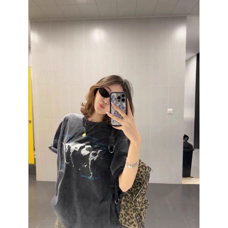 

Plus-Size American Retro Washed Vintage Oversized Short-Sleeve T-Shirt for Women, Summer Letter Print Loose Versatile Pure Cotton Top Washed Black M [Recommendation 40-50kg]