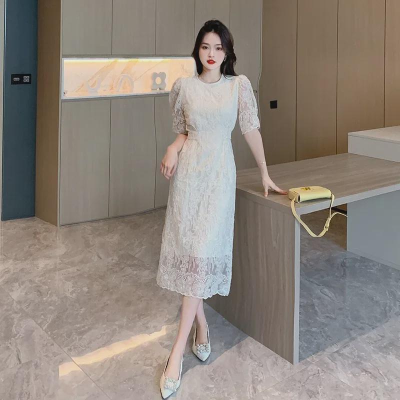 2025 Summer Korean Puff Sleeve Midi Dress with French Lace