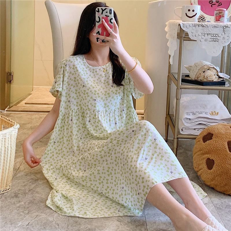 Cotton and Silk Nightgown Women's Summer Short-sleeved Large-size High-end Printed Maternity Pajamas Can Be Worn Outside Long Loungewear