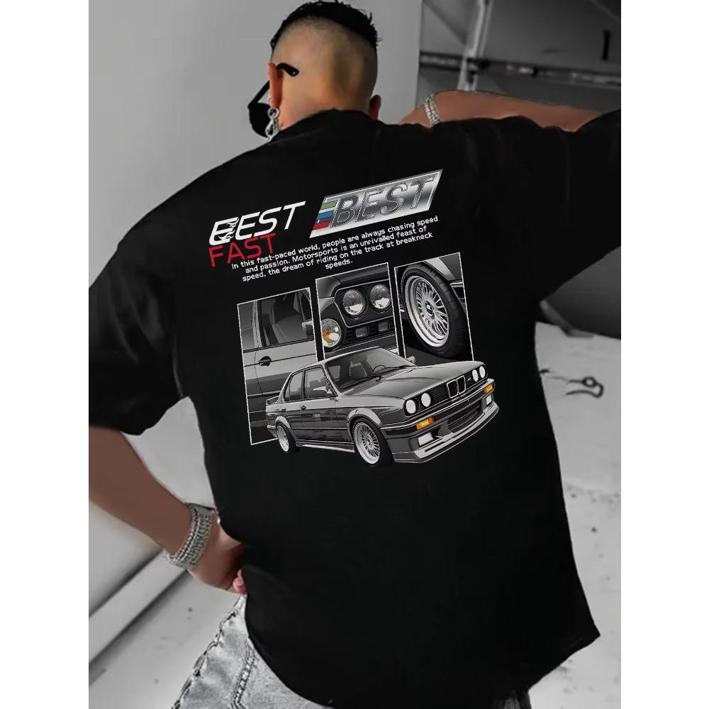 Maglietta Casual da Uomo Girocollo Tessuto Morbido Elasticizzato Stampa Auto Classica Manica Corta Nera Lavabile in Lavatrice Miscela di Poliestere Retro