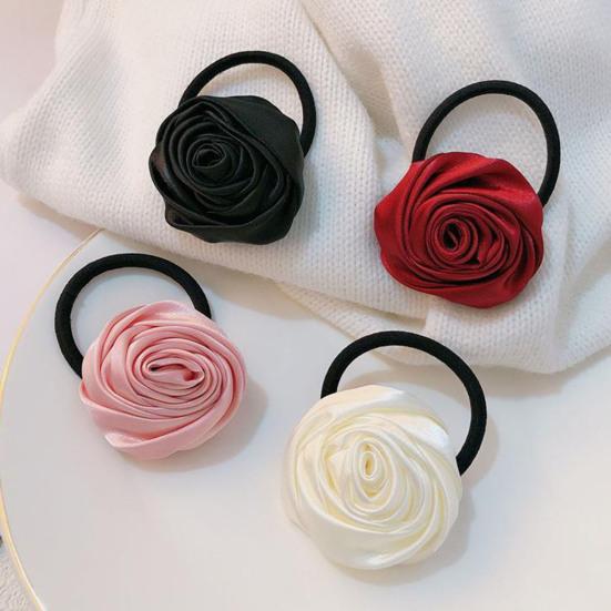Hair Tie French Style Glossy Satin Rose Flower Decor Handcrafted 3D Petal Design Hair Rope Soft Smooth Fabric Hair Accessory