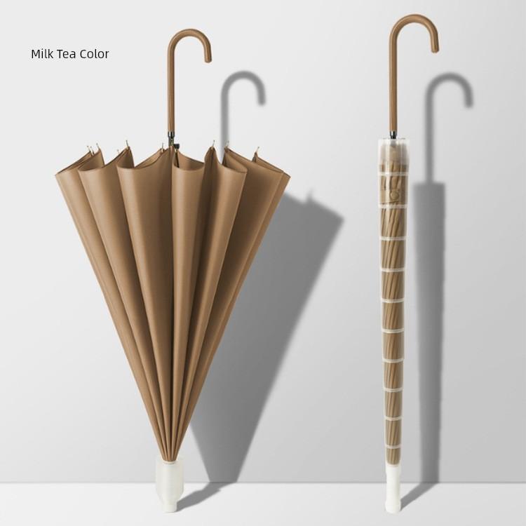 16-Rib Umbrella with Japanese-Style Fresh Design, Leather Handle, Curved Hook, Straight Pole, Large Double-Person Umbrella for Sun and Rain, Gift or