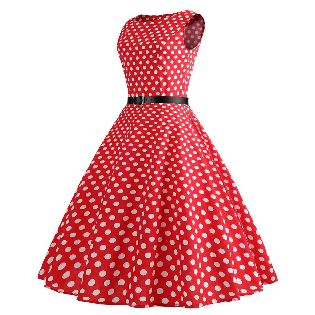 GMXIA Rochie de damă, cu decolteu, fără mâneci, cu imprimeu cu buline, inspirată de Herben, cu centură neagră