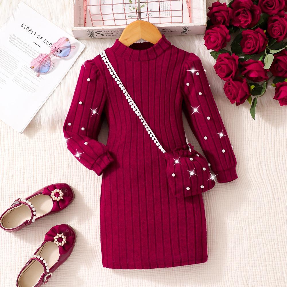 4-8Y Girls' High-Neck Long-Sleeve Solid Color Knit Dress Children's Fall/Winter Fashion Beaded Dress