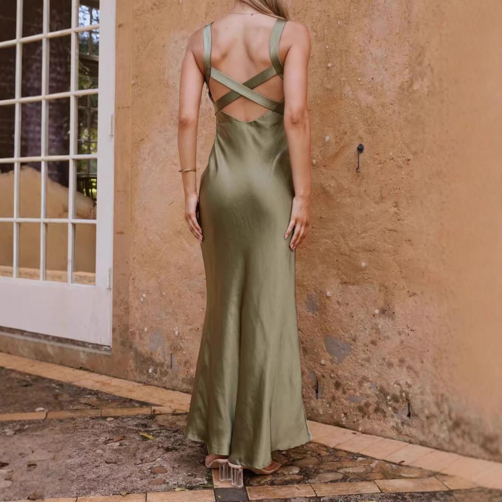 European and American women's clothing new suspender satin dress one-word shoulder design dress dress explosion
