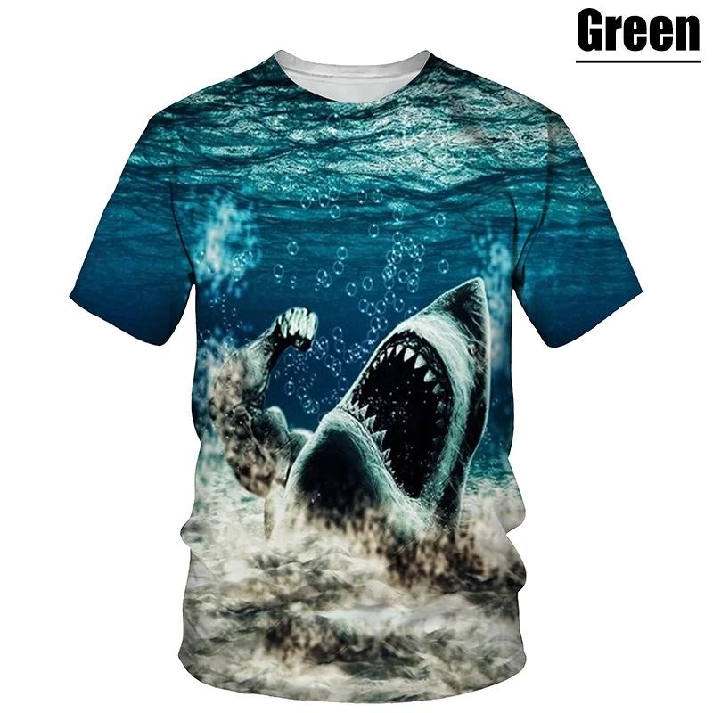 Hot New Men's T-Shirt with Large White Shark Print, Vintage Summer Casual Fashion, Crew Neck Short Sleeve Top