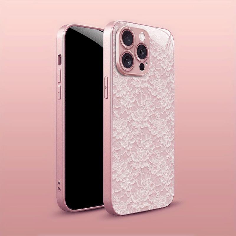 Pink Lace Pattern Pink Metallic Paint Tempered Glass Phone Case For iPhone 11 12 13 14 15 16 17 Pro Max Plus 16E 17Air Cover