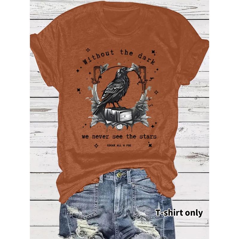 Women's Art Crow and Book Design Print Casual Short-sleeved Round-neck T-shirt