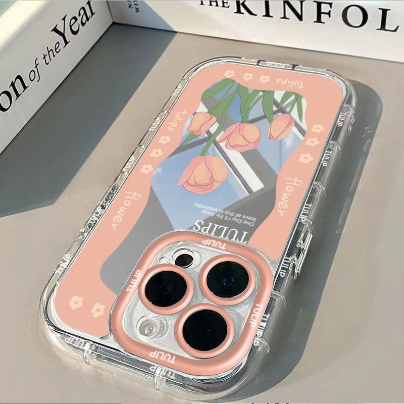 Tulip Flowers Pattern Phone Case For iPhone 17 11 Pro Max 16 14 13 Pro 12 15 XR XS X 7 8 Plus 16e SE2 Make Up Mirror Soft Cover