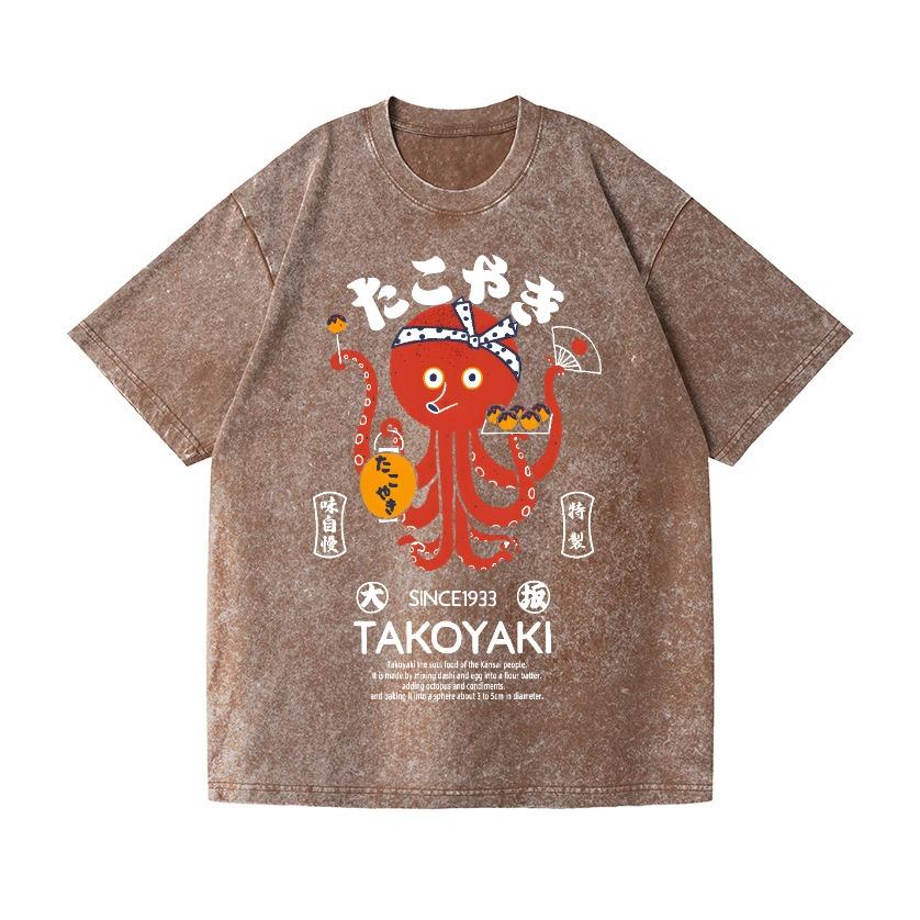 Herren Takoyaki Vintage Wash Japanisches Design T-Shirt Lustig Oktober Aufdruck Kurzarm Rundhals Sommer Schweres T-Shirt