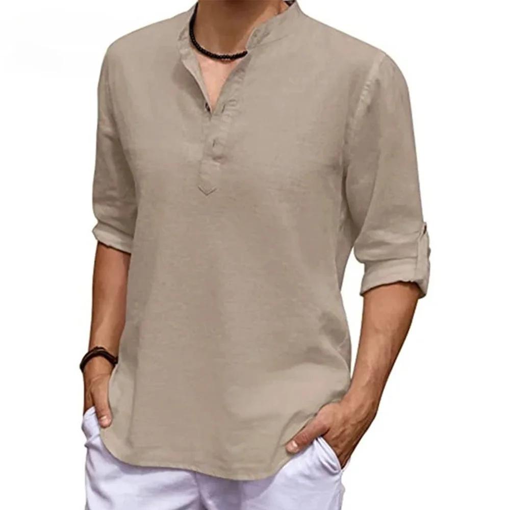 Men's Casual Shirts Solid Color Soft Comfortable Thin Tops Breathable Loose Fashion Button Henry Neck Long Sleeve Blouse