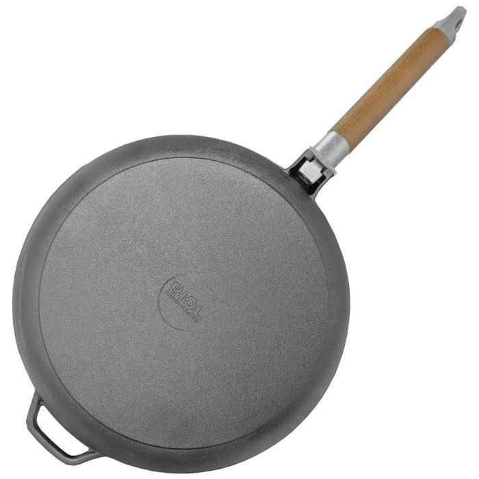 Poêle En Fonte - BIOL - 24 Cm - Manche En Bois Amovible - Conductivité Thermique Homogène - Fabriqué En Europe