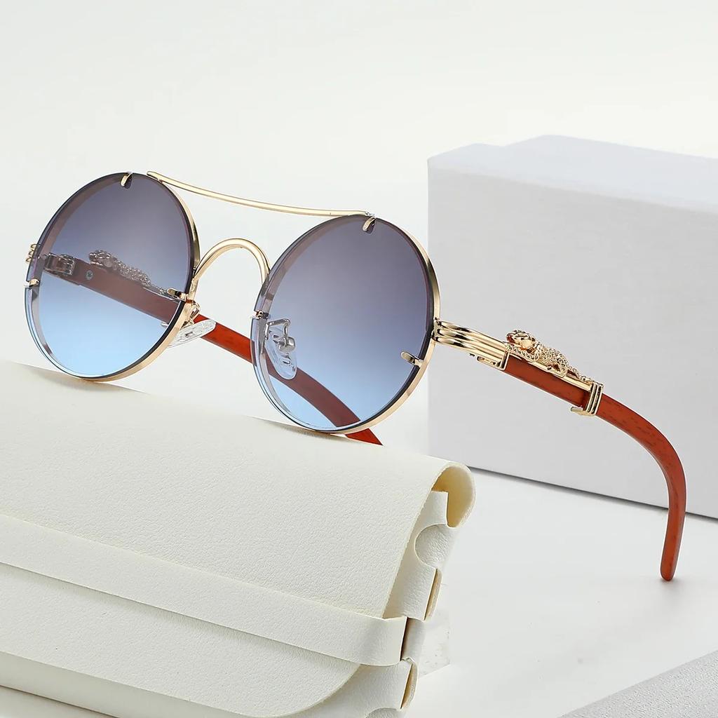 New Fashion Round Double Beam Leopard Head Men'S Sunglasses Luxury Metal Frame Women'S Multi Color Outdoor Travel Sunglasses