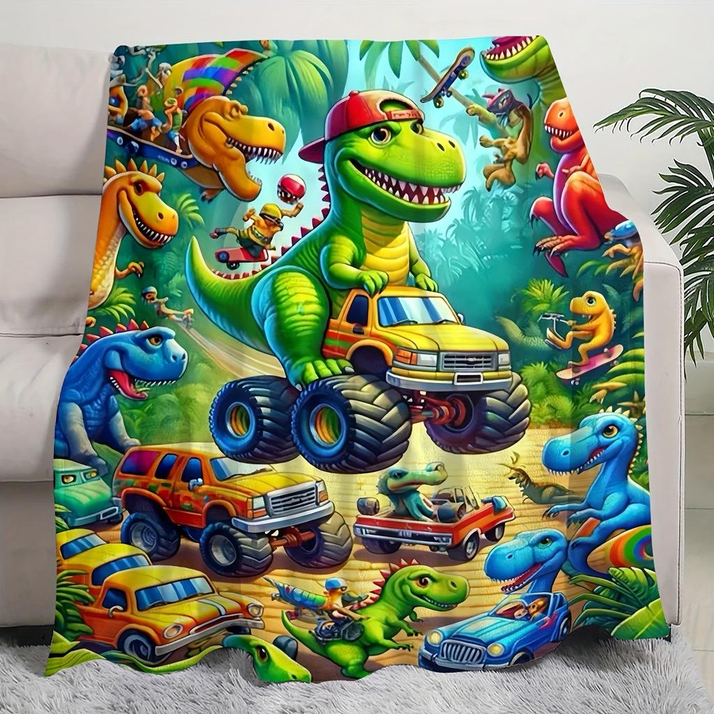 1 Stück Dinosaurier Geländewagen Campingdecke, Mehrjahreszeiten Universal für Schlafzimmer Wohnzimmer Camping, Flanell 2D Flaches Dekor