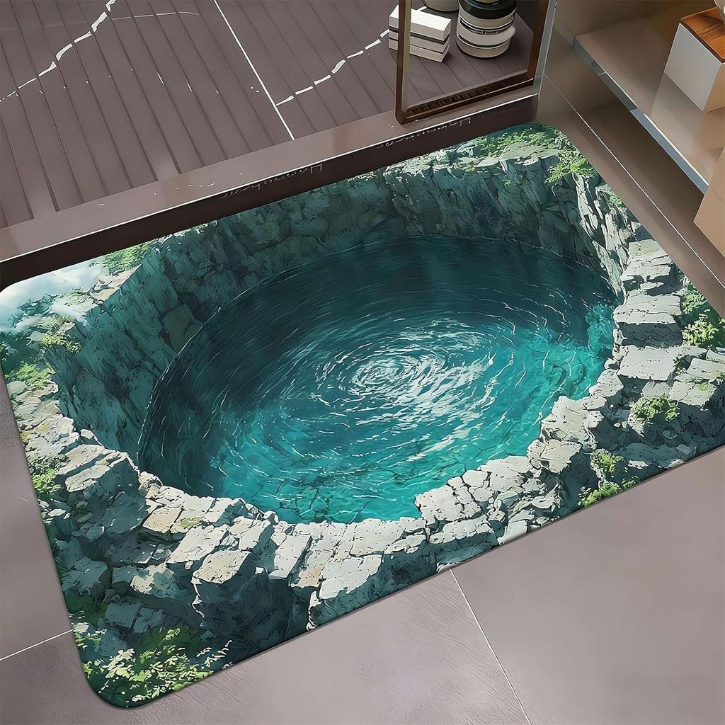 2D Water Hole Optical Illusion Door Mat Soft Non-Slip Entryway Rug Realistic Landscape Pool Pattern Carpet Prank Funny Decor