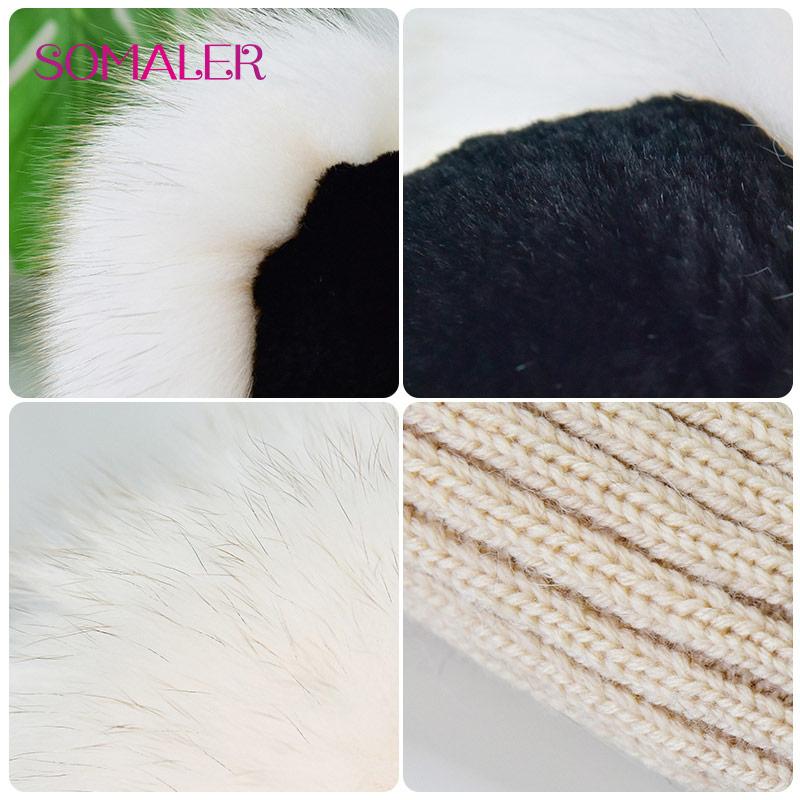 SOMALER Cute Bear Ears Pattern Fur Hat for Women Girls Real Fox Fur Beanie Fluffy Russia Style Bomber Beanie with Lining for Cold Winter