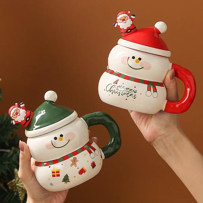 400ML Christmas Ceramic Cup with Lid Handle Cartoon Snowman Snowman Mug Couple Xmas Gift Milk Coffee Cup for Home with Box