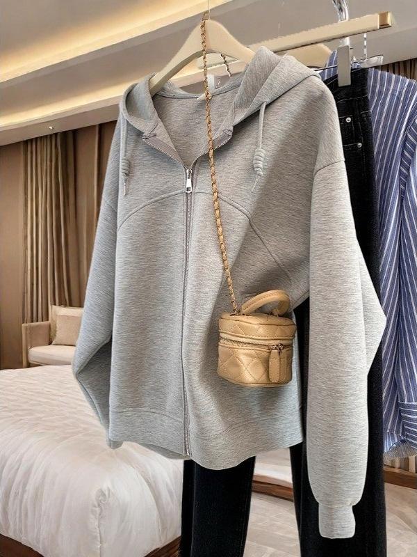 Plus Size Grey Hoodie Cardigan - Korean Style, Casual & Loose for Spring/Fall