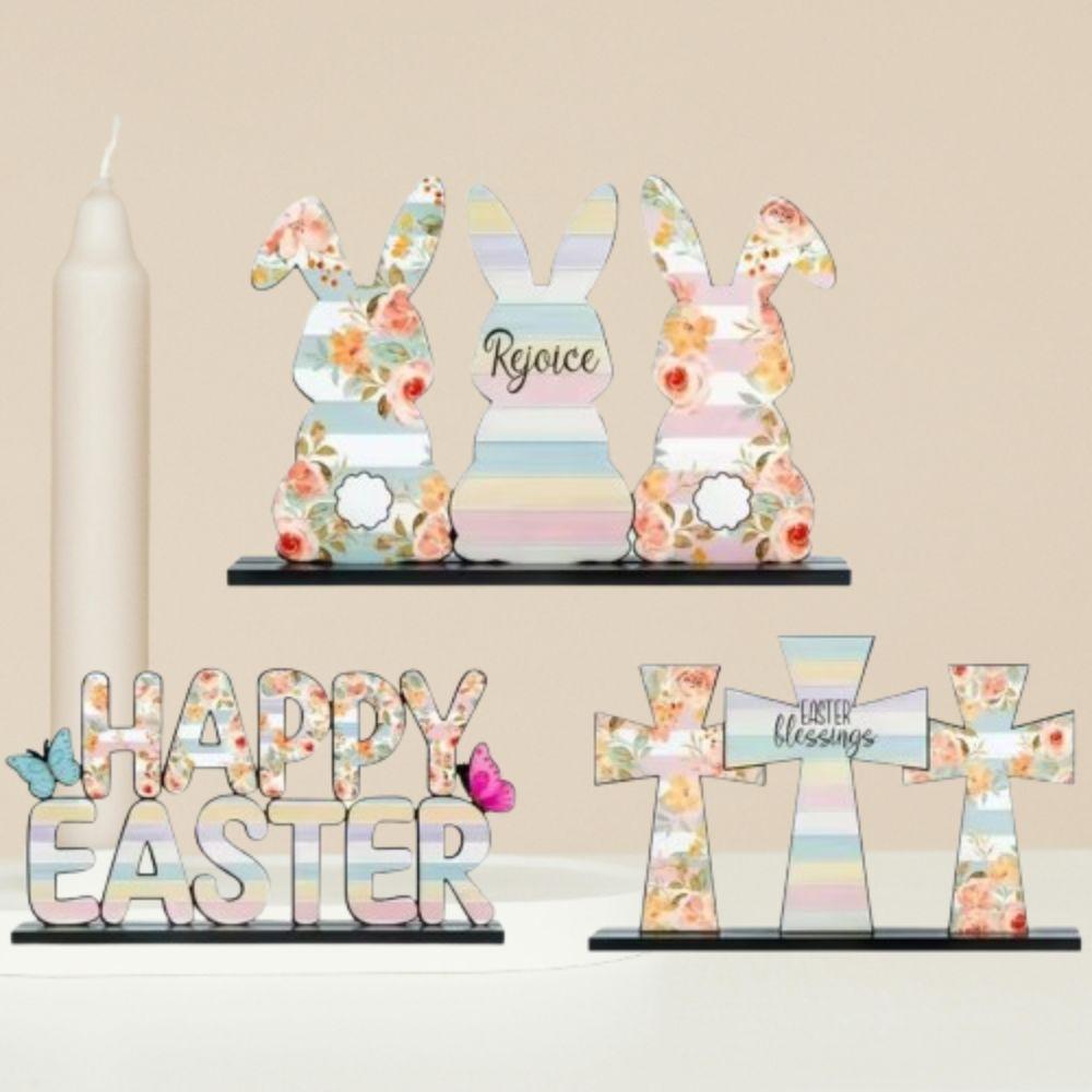 

Wooden Bunny Desktop Sign Rabbit Cross Easter Ornaments Creative Happy Easter Sign Desk Decor 3Pcs