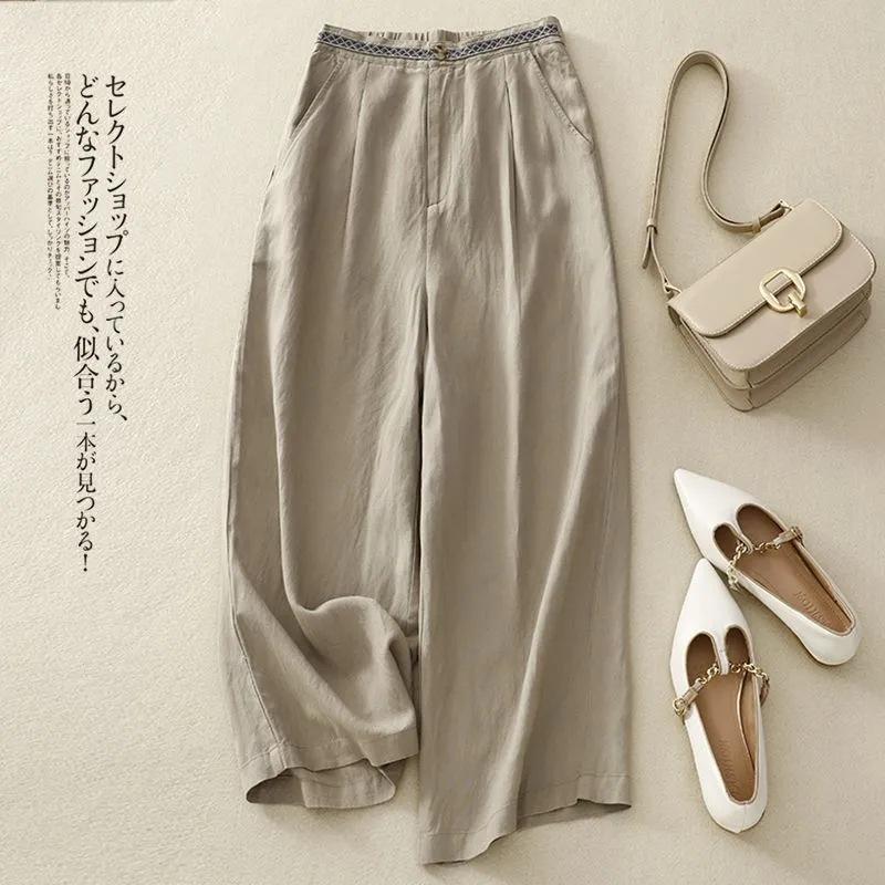 Summer Cotton Linen Wide Leg Pants Women's Loose Flowy Versatile Cropped Trousers Fashion Simple Vintage Casual Pants for Women