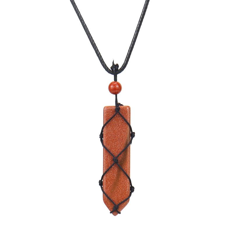 Hand-Woven Natural Stone Crystal Amethyst Sword-Shaped Mesh Pocket Pendant Necklace N578