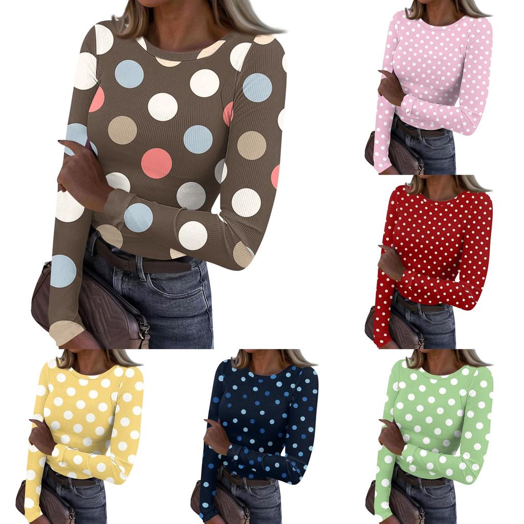 Women Long Sleeve Crew Neck Polka Dot Print Ribbed Knit Casual Top Comfortable Loose Fit Pullover Blouse for Daily Wear