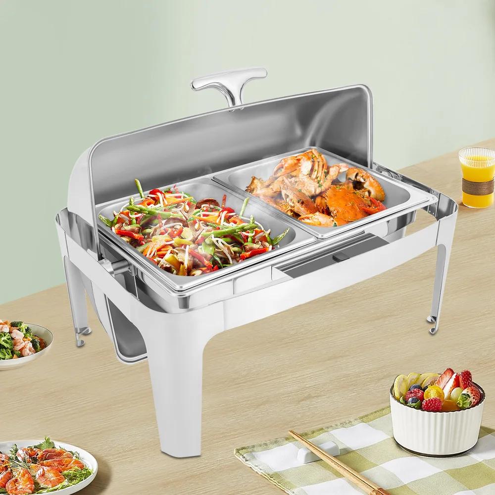Bymaocar 9L Stainless Steel Rectangle Chafer Roll Top Chafing Dish Buffet Set Food Warmer W/2*Alcohol Stoves Two Heating Methods