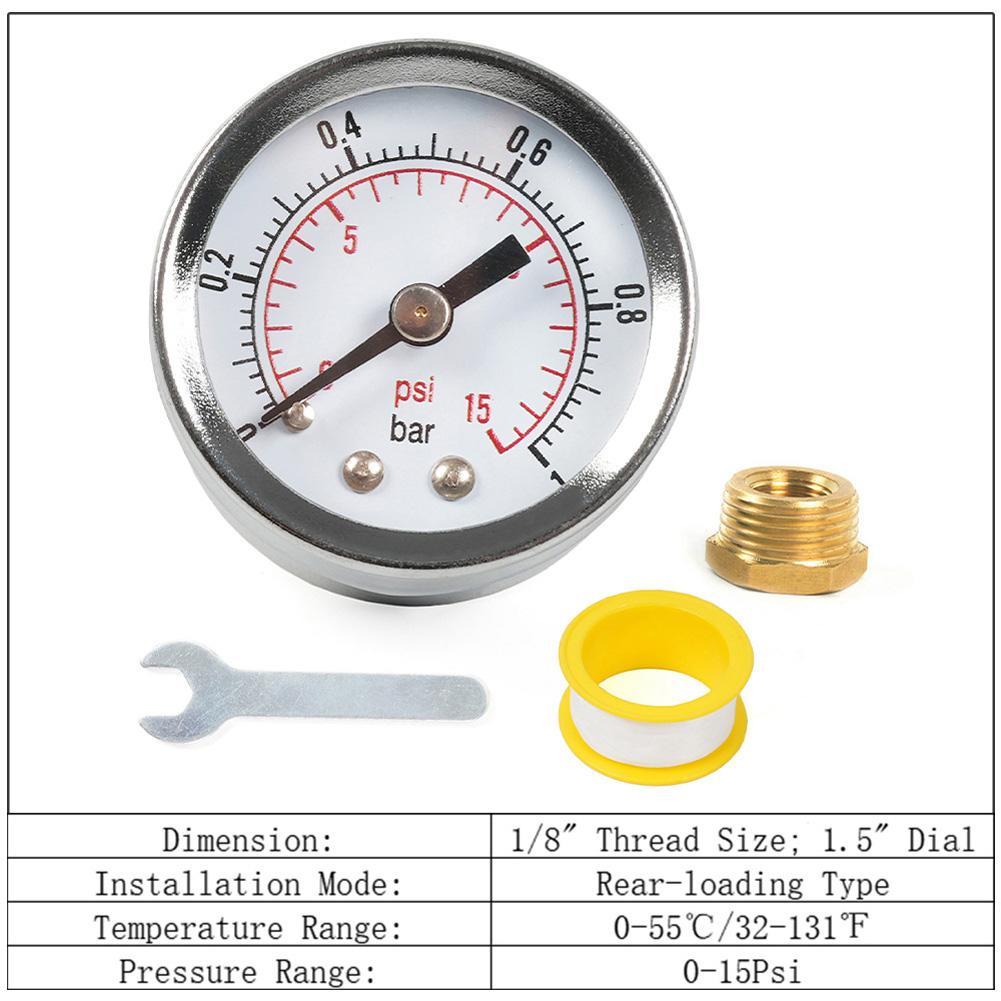 Car Gauge 0-15psi Liquid Filled Pressure Gauge 1/8NPT 3/8NPT Connector Pointer Meter Stainless Steel Case Multifunctional Tool