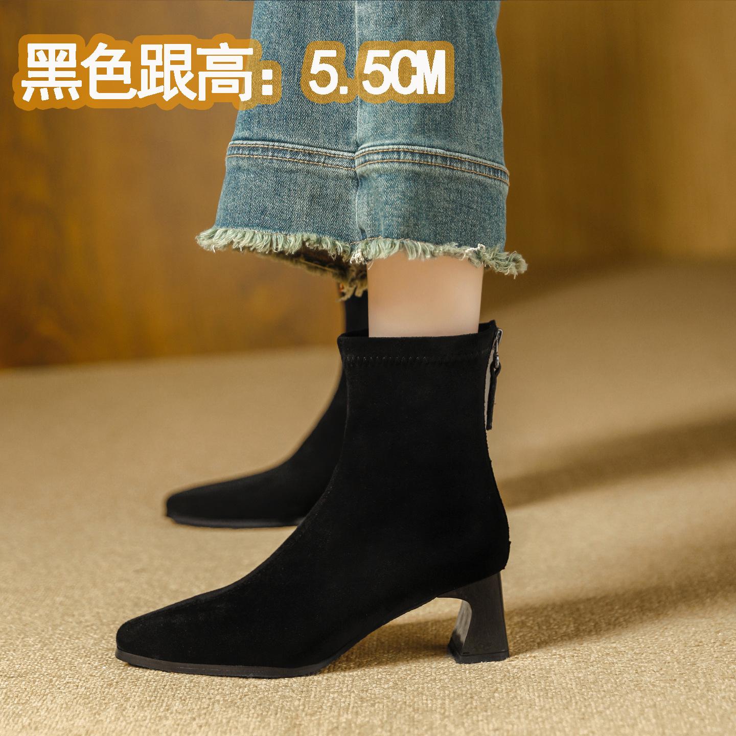 Pointed short boots Skinny boots Autumn and winter thick heel high heels Suede elastic boots Medium tube high heel boots 34