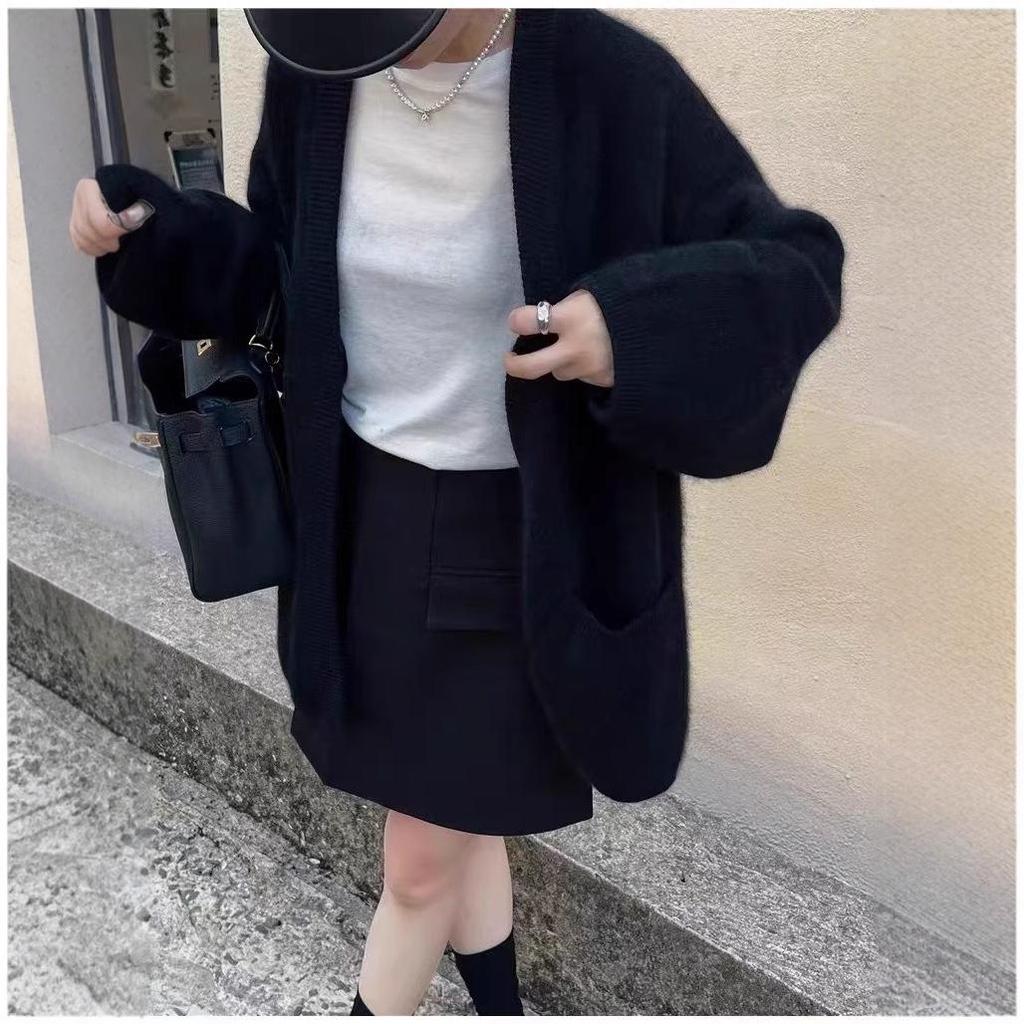 Women's Mid-Length 100% Wool Thick Cardigan - Elegant, Versatile, Loose Fit Cashmere Knitwear