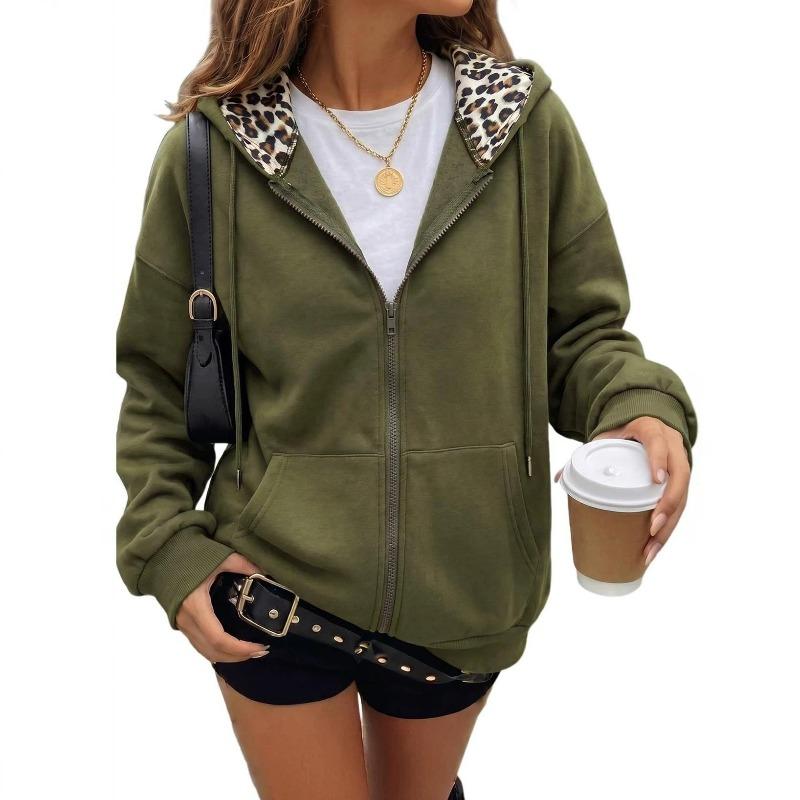 Damen Leopard Print Reißverschluss Hoodie Langarm Fleecegefüttert Lässige Sweatshirtjacke