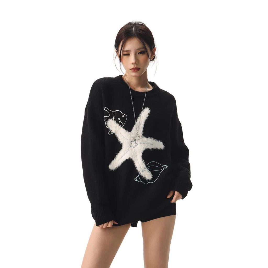 CTB Retro Sweter z Gwiazdą Piwną i Rozgwiazdą - Unisex Luźny Krój z Haftem Muszli na Jesień/Zimę