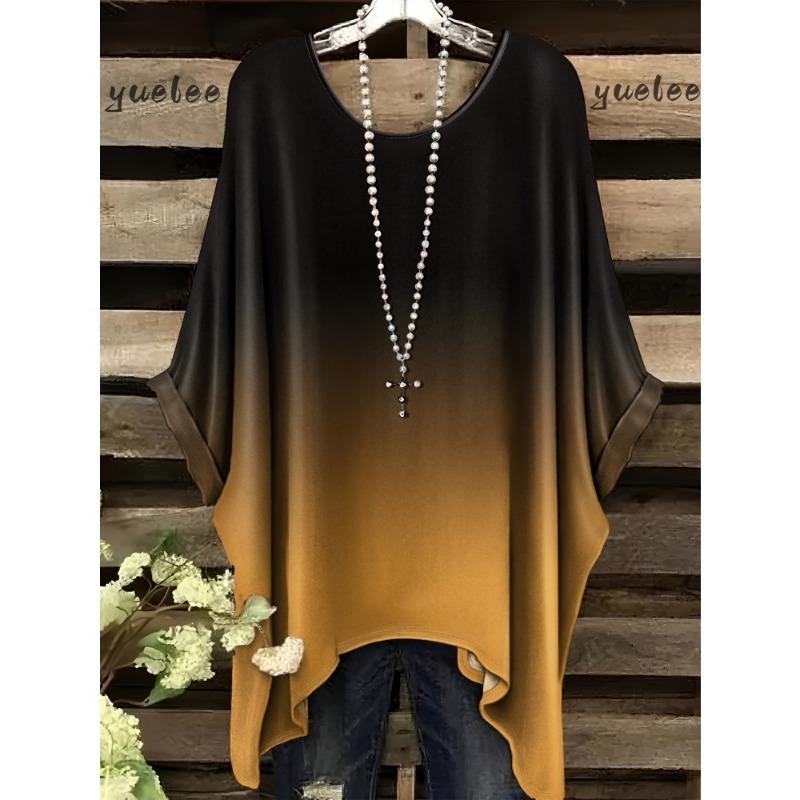 Women 's T-Shirt Simple Color Gradient Print Elegant Irregular Hem O- Neck Women's Clothing T-Shirt Vacation Clothes for Woman