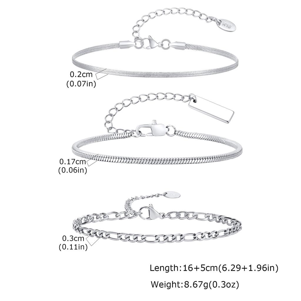 3pcs Men Thin Chain Bracelet,Never Fade Silver Color Twist Chain Wristband,Stylish Punk Jewelry Gift for Husband Father Son