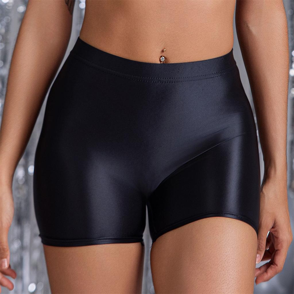 Pantaloncini sportivi attillati da donna, sexy, di media lunghezza, effetto lucido