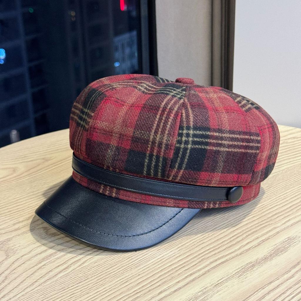Red Plaid Woolen Octagonal Hat for Women in Autumn and Winter Korean Style Retro Beret New Retro Newsboy Hat Trend