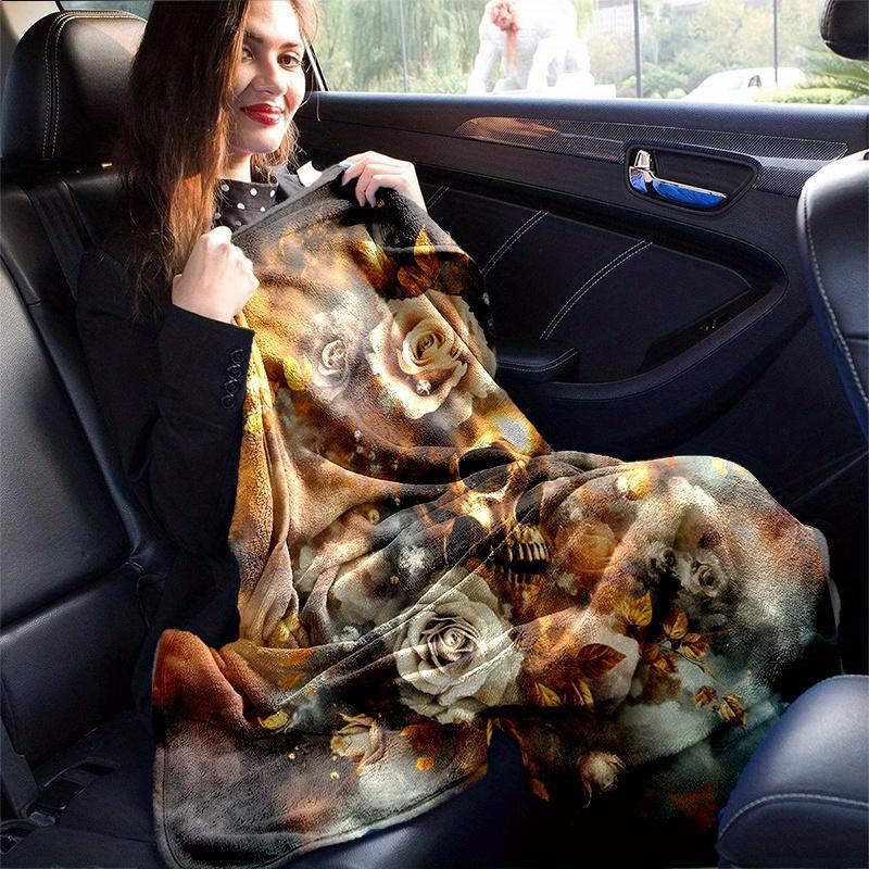 1pc Golden Skull amidst Roses Blanket,Living Room, Travel, Camping, Car Blankets