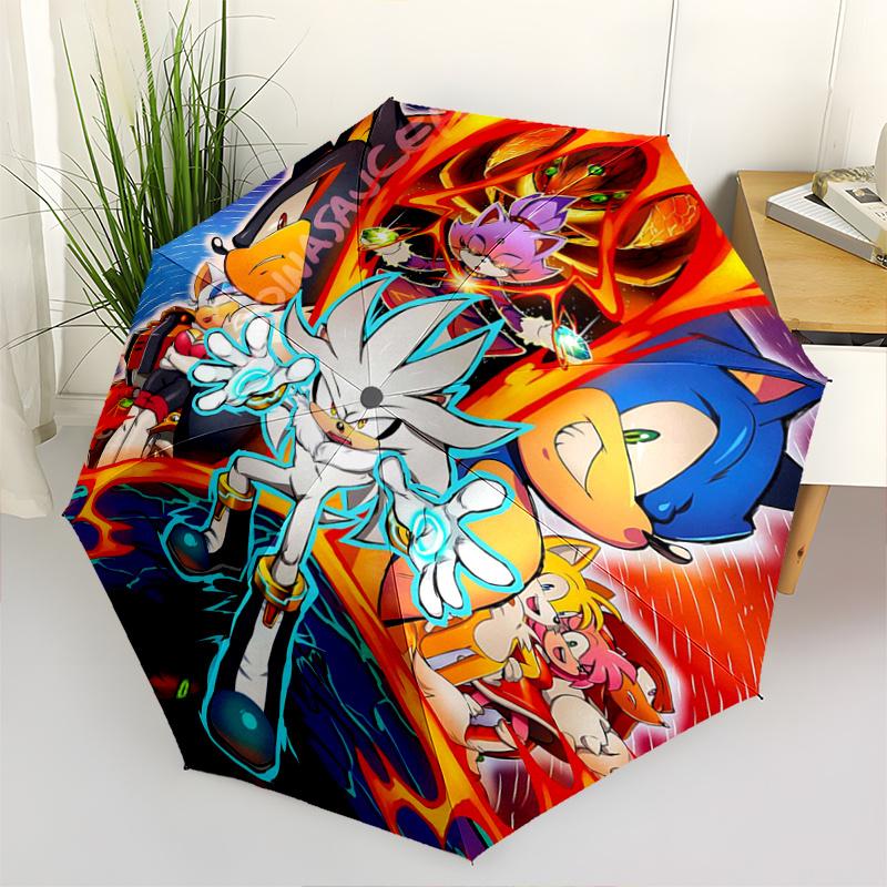 1pc The Ultimate Adventure Sonic Theme Pattern Beautiful Looking Automatic Folding Cartoon Practical Umbrella, 3 Folding, 8 Iron Frame Design, Durable