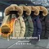 Men's Mid-Length Winter Fleece-Lined Hooded Warm Coat Youth Casual Multi-Pocket Thickened Coat