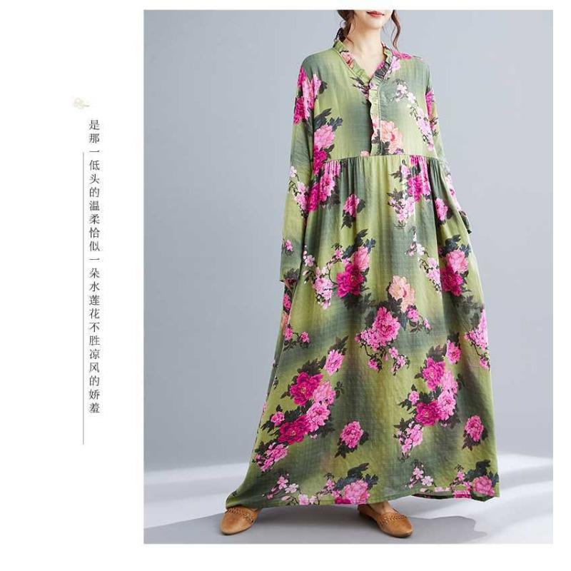 Bohemian Printed Loose Long Sleeve Hem Long Dresses