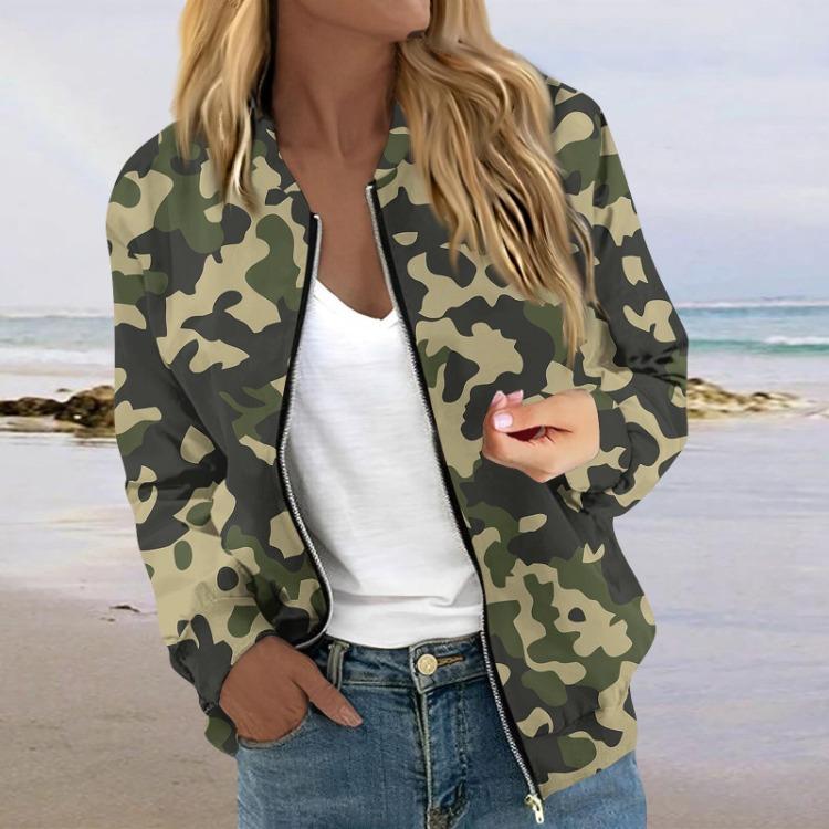 Women's Casual Long Sleeve Quilted Camouflage Print Zipper Jacket With Pockets