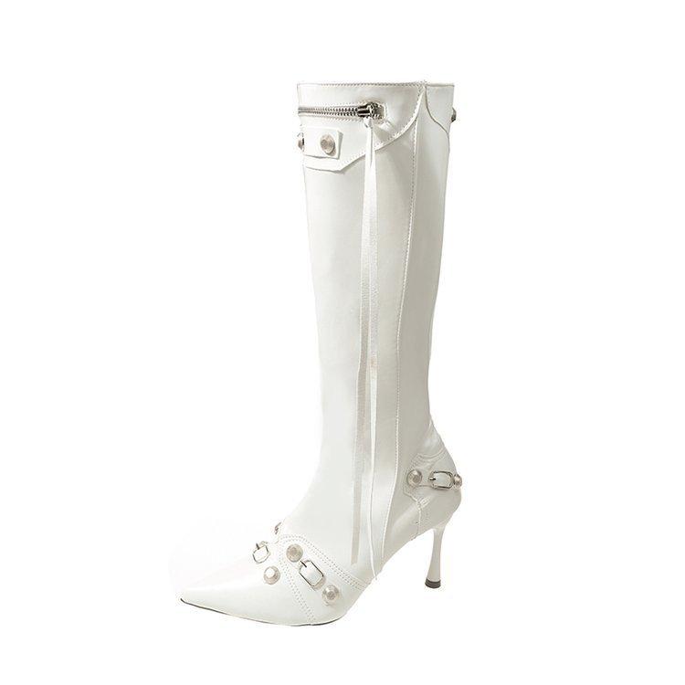 

Сапоги на остром каблуке с заклепками, женские сапоги на высоком каблуке с заклепками, высокие сапоги до колена с застежкой-молнией сбоку 35 белый
