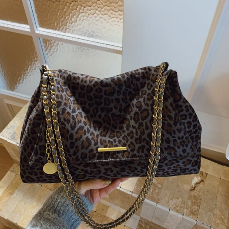 Ladies Gold Zipper Leopard Print Crossbody Bag