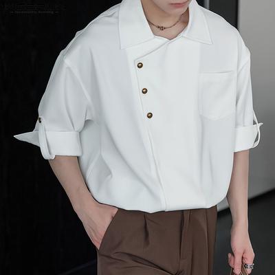 Oversized Men Lapel Neck Half Sleeve Oblique Placket Casual Loose Shirts