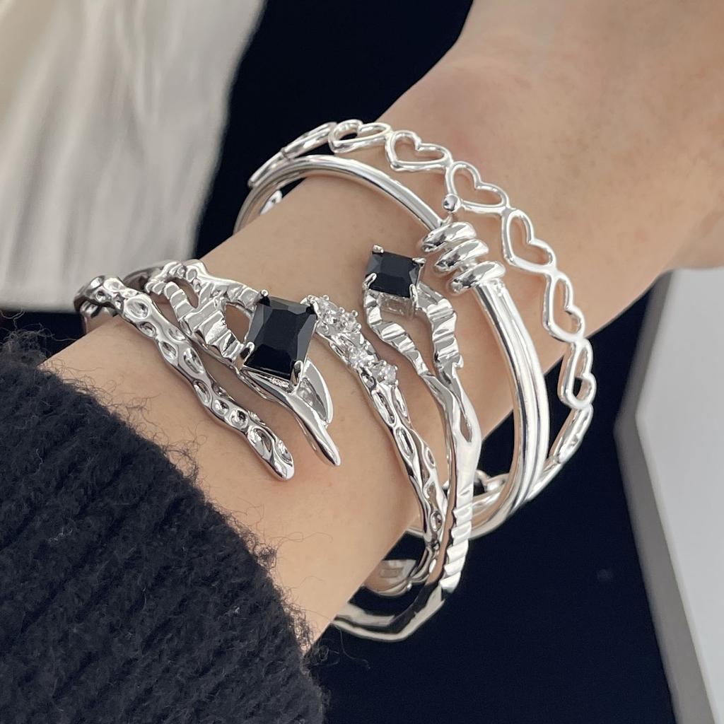 100% Solid 925 Sterling Silver Retro Bracelet for Women Men Vintage Handmade Black Stone Patern Bracelet Birthday Gift
