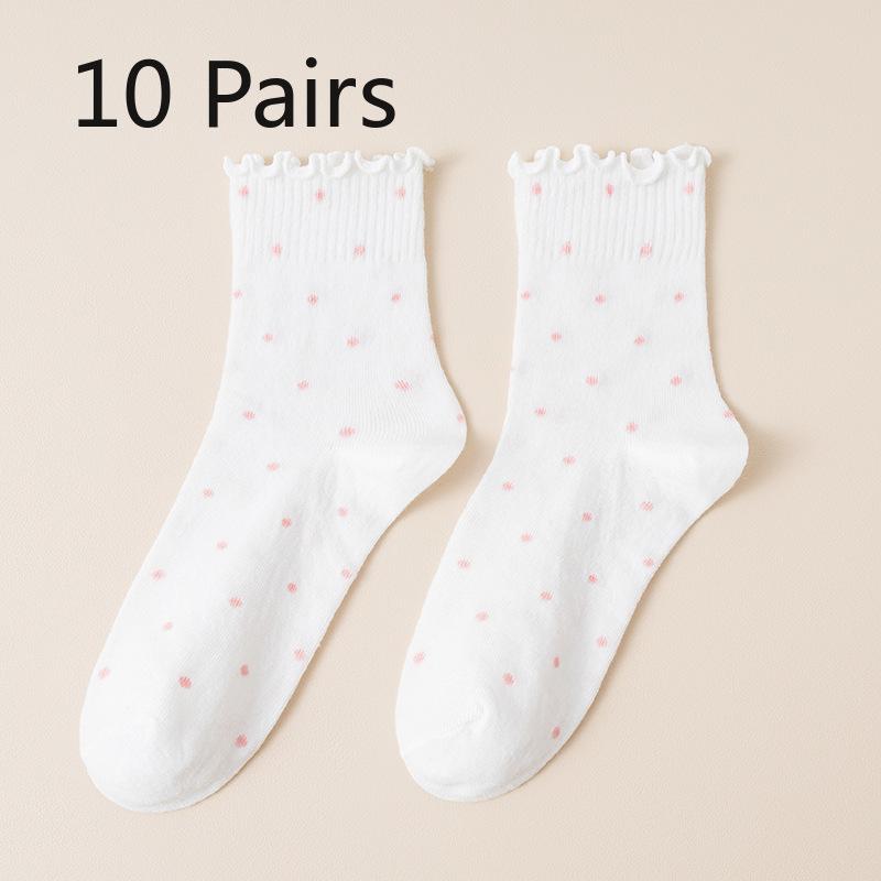 10 Pairs of Female Autumn Lovely Fungus Lace Small Polka Dot Tube Socks