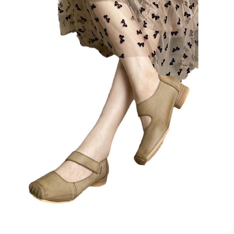 Retro flat-soled grandma single shoes women's shoes summer 2025 new Korean version versatile soft-soled thick-heeled ballet shoes
