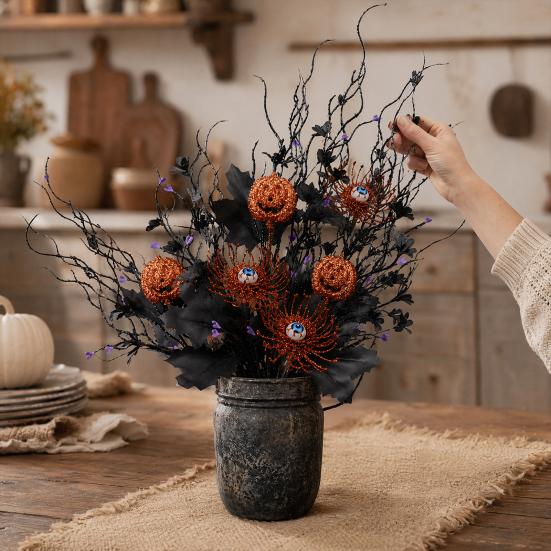 Halloween Home Decor Artificial Branch with Pumpkin And Eyeball, Black Glitter Fake Twig Festive Maple Leaves for Gothic Vase Filler, Party,